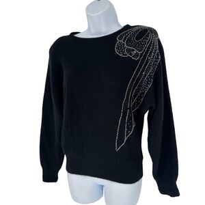 Vintage Marisa Christina 80s Wool Angora Black Sweater Embroidered Beaded Medium